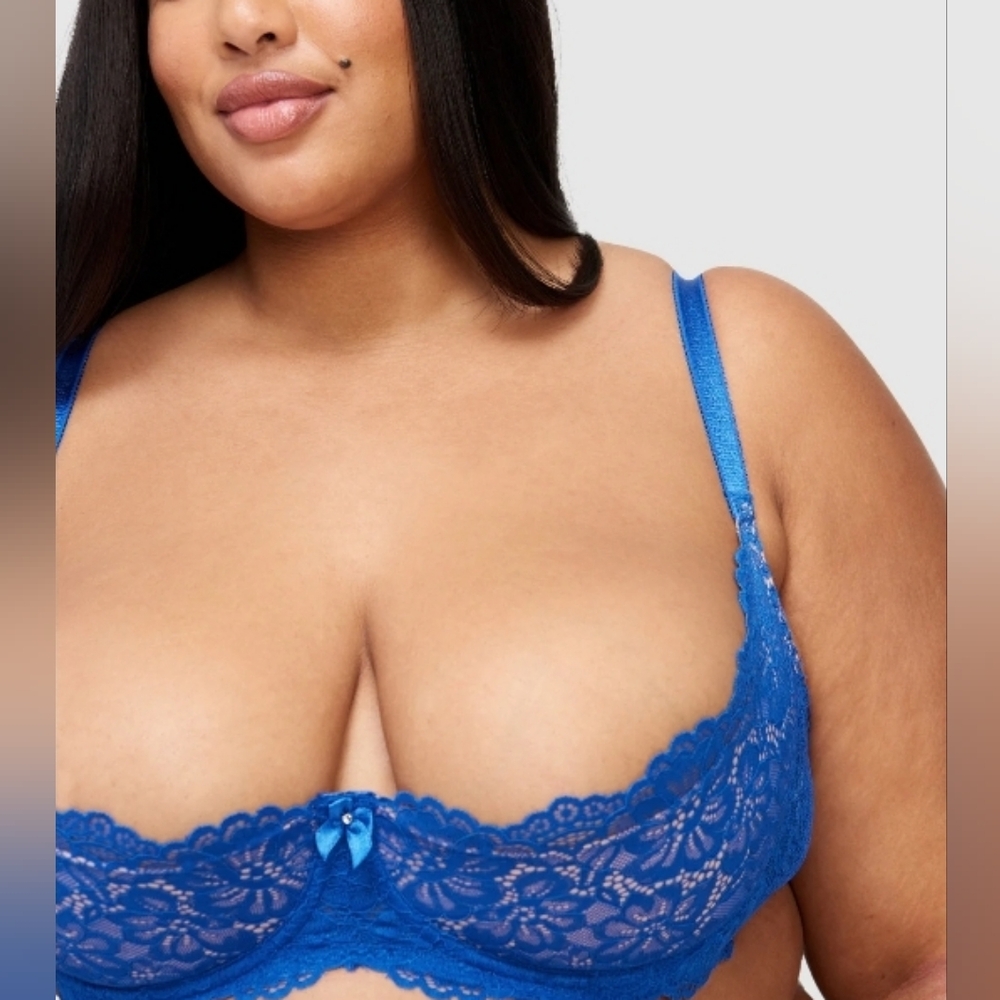 2/$30 Sandie Royal Blue Lace Open Cup Shelf Bra Size 34E (DD)